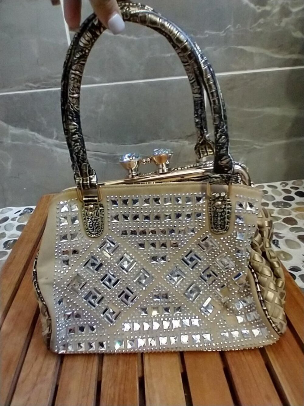 Champagne Gold Metallic Weave & Rhinestone Kiss-Lock Evening Handbag
